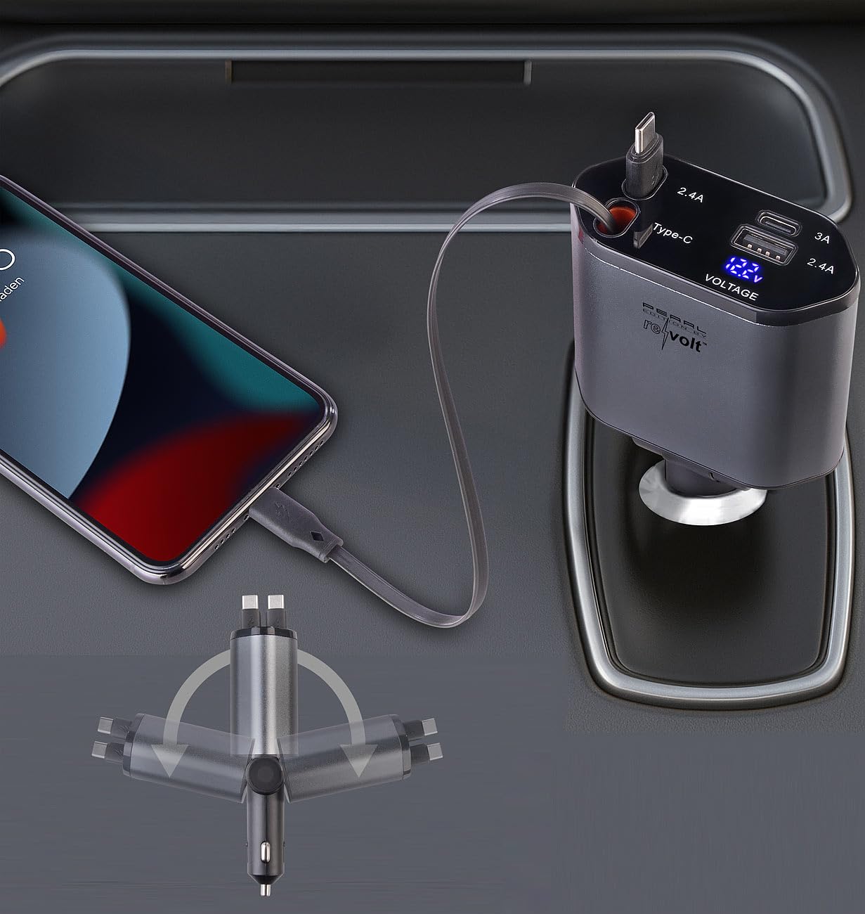 revolt Kfz-Handy-Ladegerät: 4er-Set 4in1-Kfz-USB-Ladegerät, USB-C/A, 2 USB-C-Kabel, 66 Watt (Adapter Zigarettenanzünder, Ladebuchsen Zigarettenanzünder)