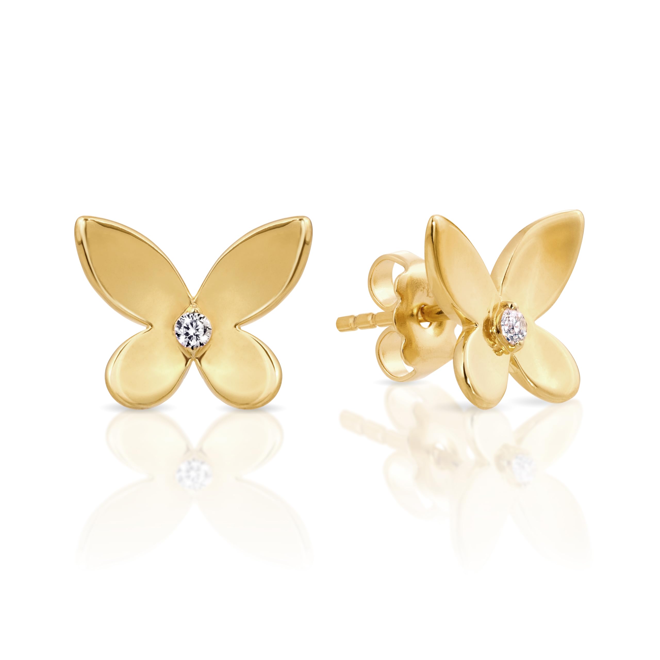 Princess Collection - "Golden Butterfly" - 12.8 mm (0.15 Carat/Pair) Cubic Zirconia 22K Gold-Plated Stud Earrings For Sensitive Ears