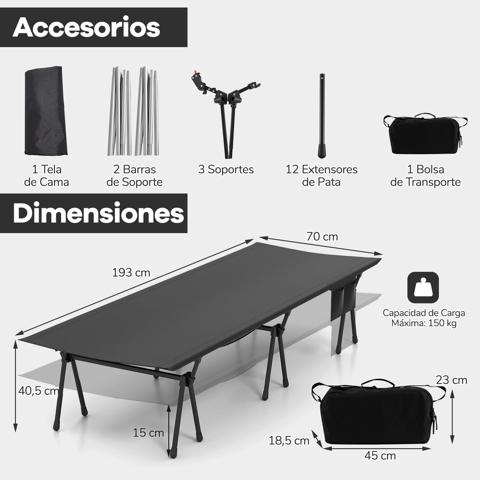 COSTWAY Cama Plegable Camping, Altura Ajustable, Catre Plegable Camping Portátil, Bolsillo Lateral y de Malla, Bolsa de Transporte, Campismo Playa Senderismo Oficina, 193 x 70cm, Carga 150kg