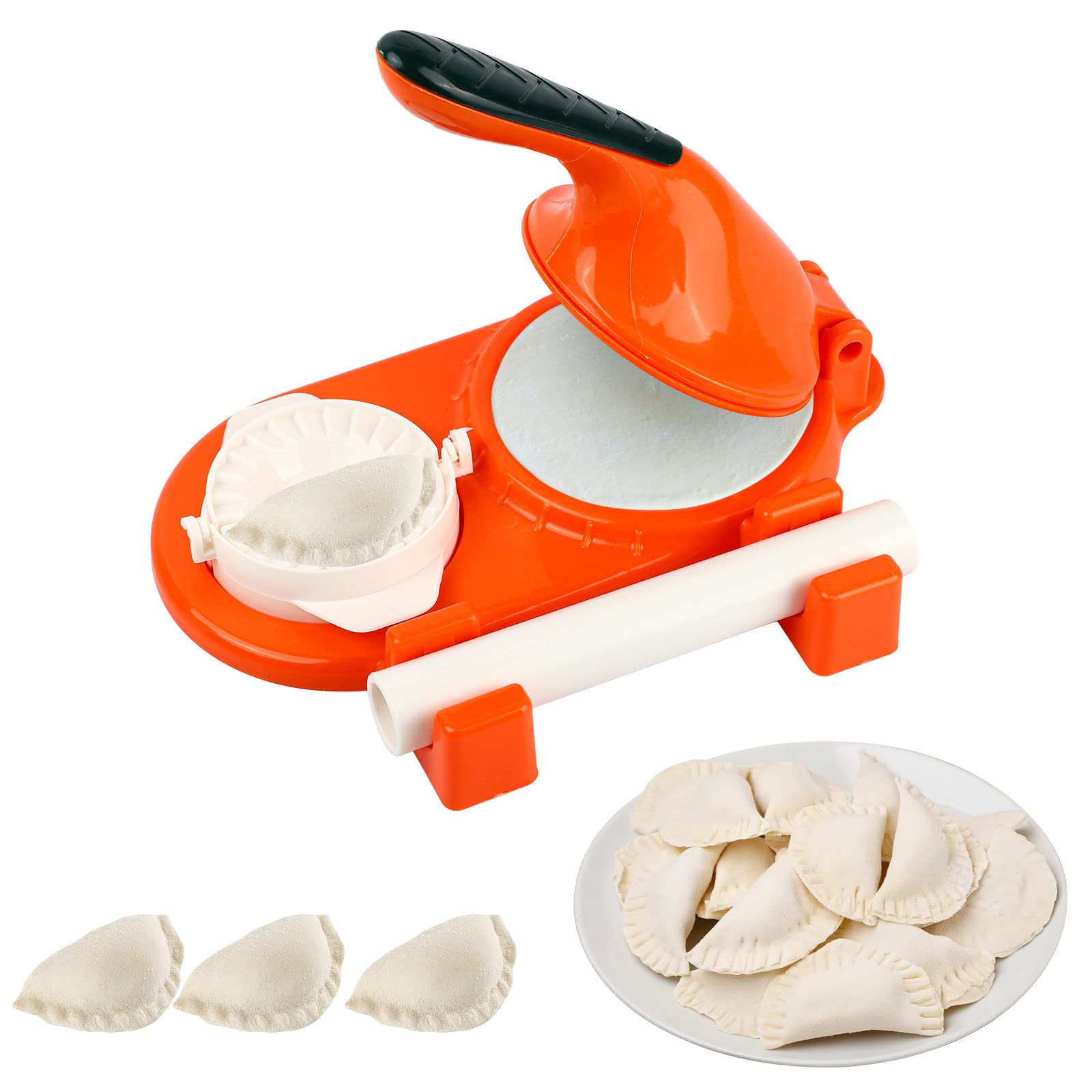 3 In 1 Dumpling Maker Mould, Household Plastic Dumpling Press Machine Mold and Skin Dough Presser with Rolling Pin, Manual DIY Kitchen Gadgets for Easy Dumpling Wonton Ravioli Pastry Making (Orange)