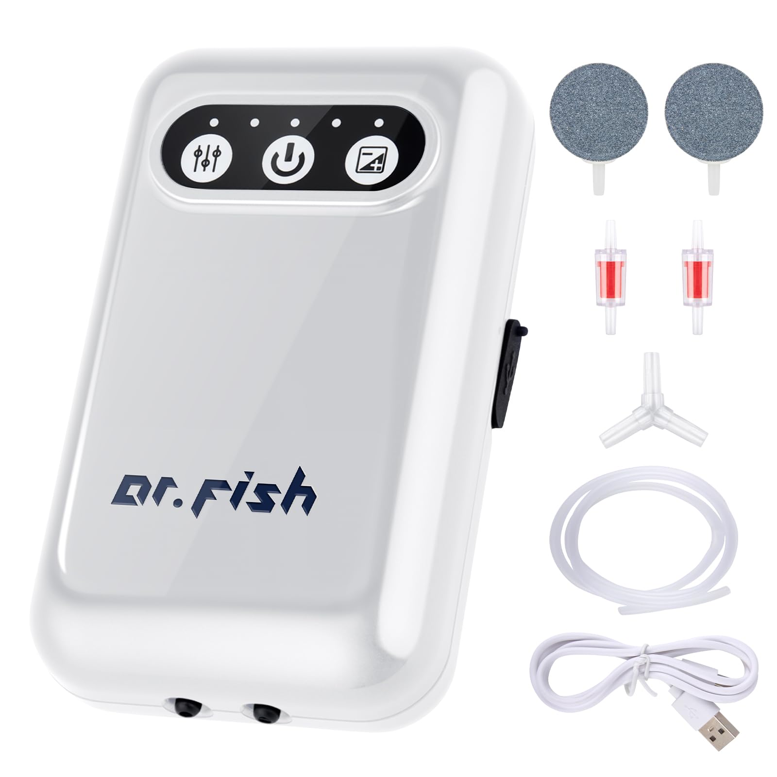 Dr.Fish Pompa ad aria per acquario, alimentata a batteria da 2600 mAh/5200 mAh, ricaricabile tramite USB, fino a 72 ore di durata, silenziosa, per pesca all'aperto