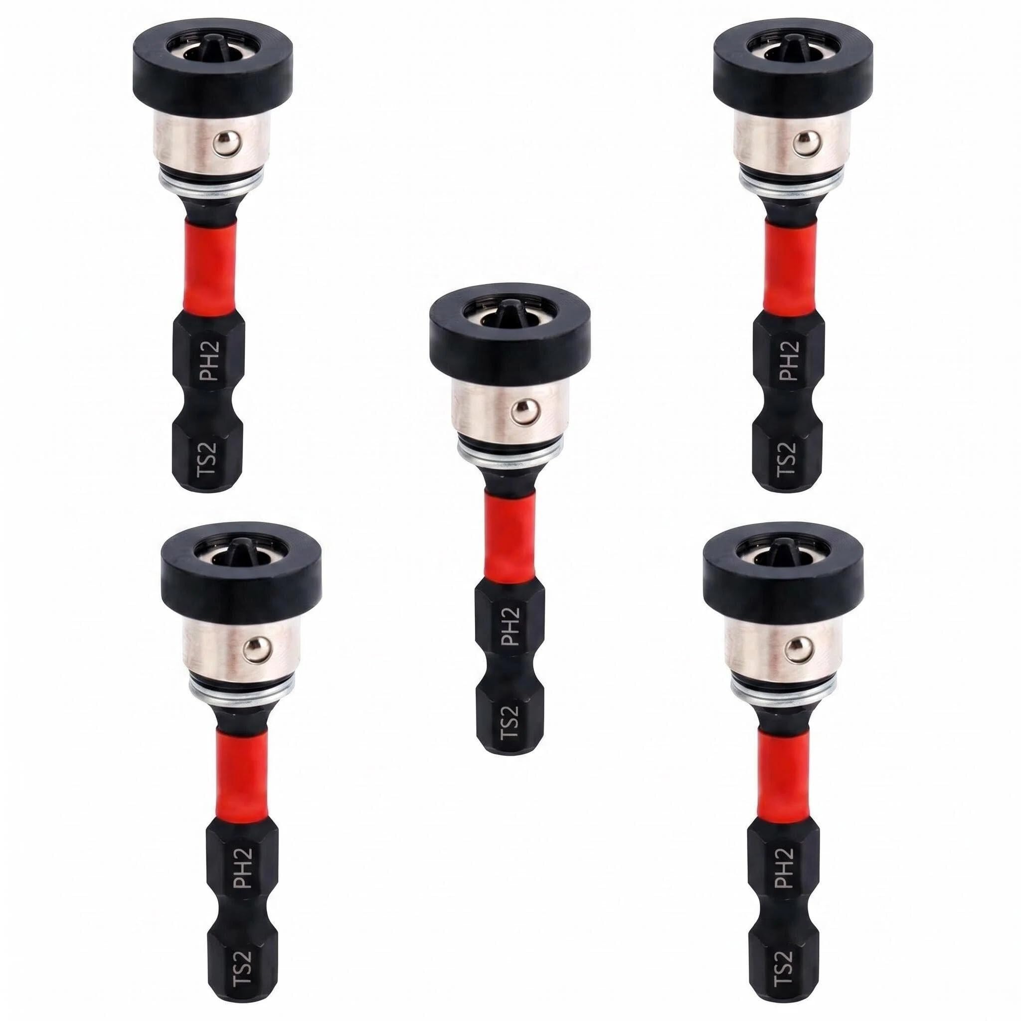 5pcs Magnetic Drywall Bits Set,QIANSSE PH2 Steel Adjustable Depth Screw Setters with Removable Magnetic Collar for Plasterboard Drywall Tools