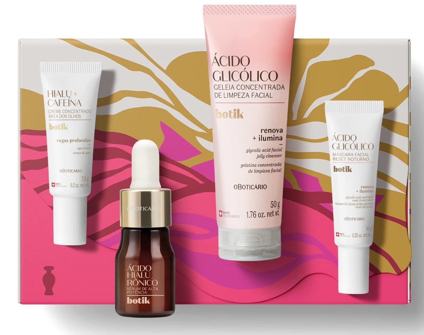 O Boticário Botik Gesichtspflege-Routine mit Hyaluronsäure und Glykolsäure, weich und beleuchtet, erneuerte Haut, 4 Produkte in Reisegröße, 77,5 g