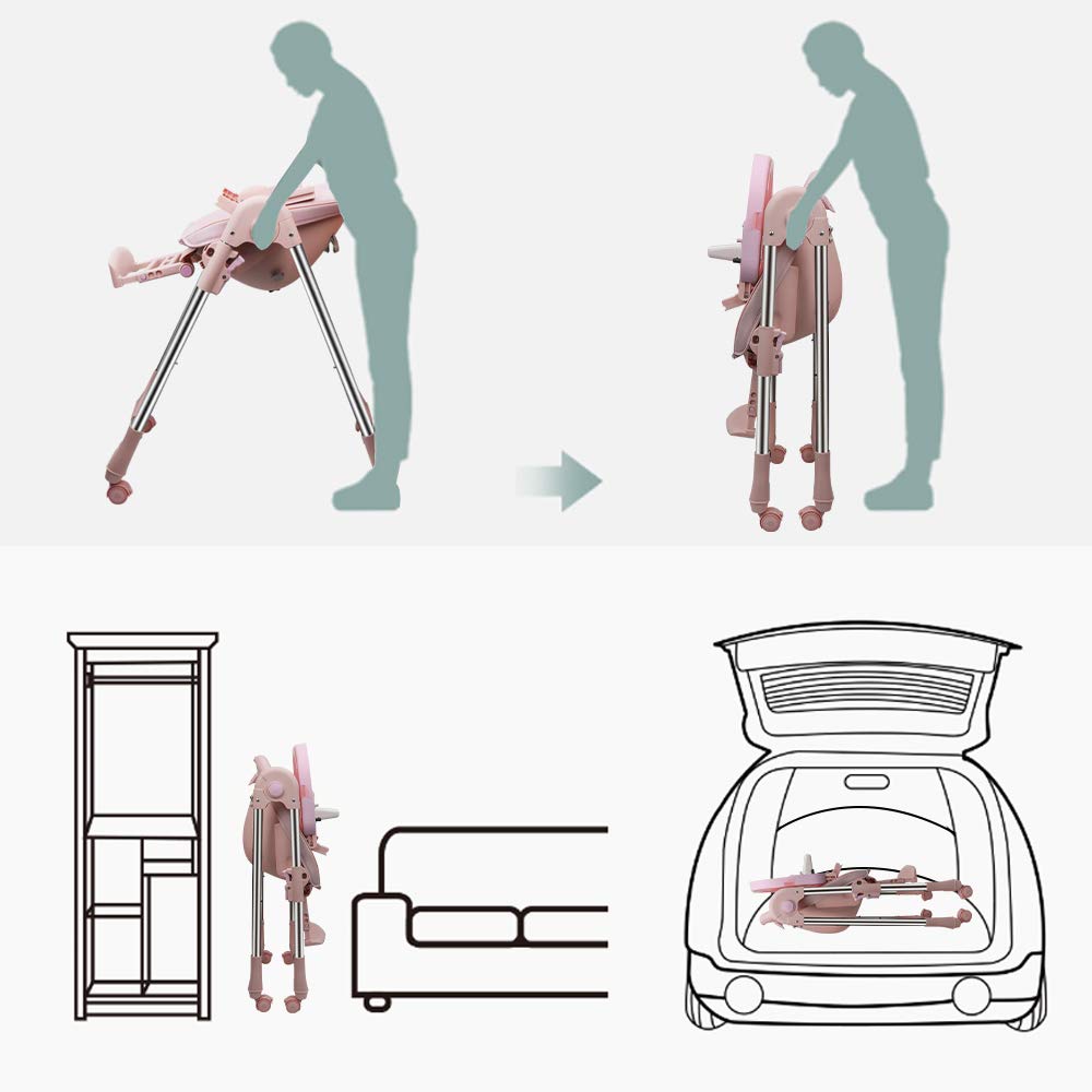 Trona para Bebe Evolutiva, Trona para bebés Plegable con bandeja extraíble, Tronas bebe Ajustable 5 Alturas, 4 ruedas, Rosa
