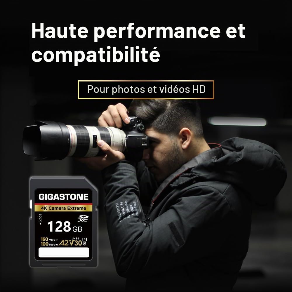 Gigastone A2 V90 Carte Mémoire SDXC 128 Go, 4K Caméra Extreme Série, Vitesse 160 Mo/s. Compatible avec Caméra Canon Nikon Sony Panasonic, U3 UHS-I Classe 10 pour 4K UHD Vidéo, avec 1 Mini étui