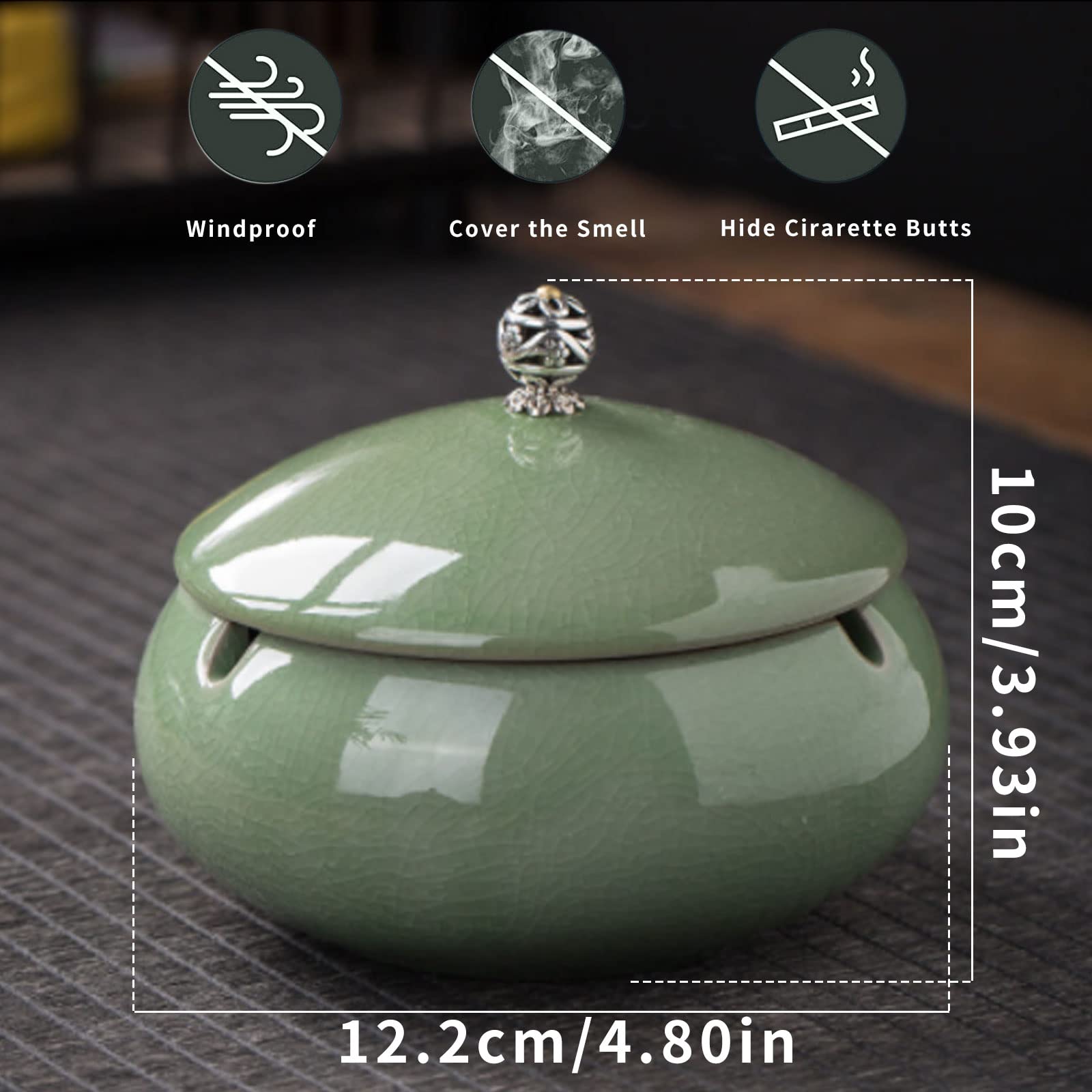 Cendrier Céramique Avec Couvercle HONZUEN - Anti-odeur Et Coupe-vent | Pour Intérieur Et Extérieur | Vert