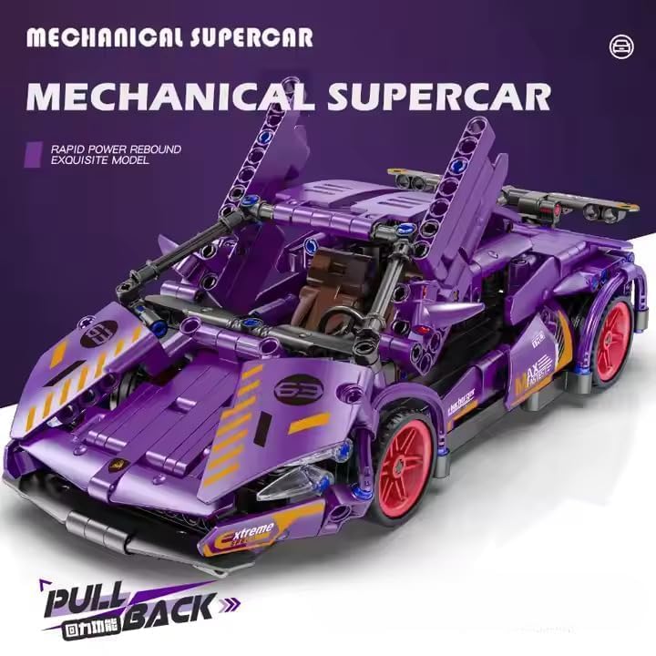 Image of 1:18 Scale Pull Back Racing Car Building Block Set (422-520 PCS) | Creative Assembly Toy for Collectors & Enthusiasts | Compatible Brick Model Kit (Purple Lamboo)