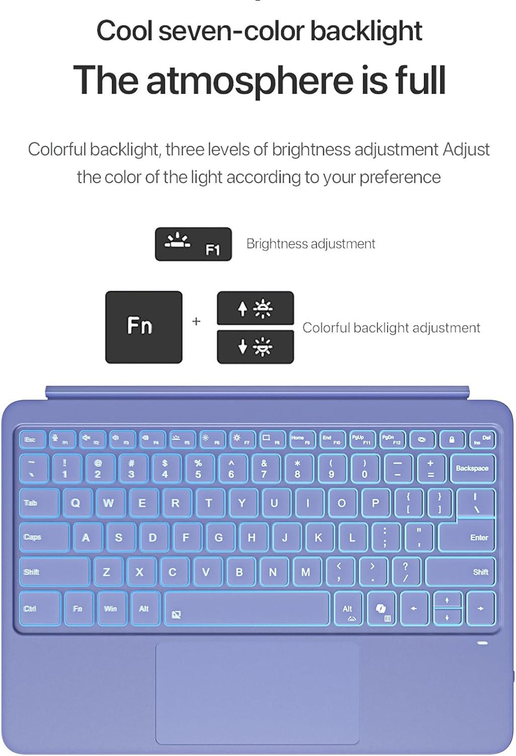 Junfire Detachable Keyboard for Microsoft Surface Pro 12 – 7-Color Backlit Wireless Keyboard with Touchpad, 14 Shortcut Keys, 30H Battery – Magnetic & Slim Design, Purple