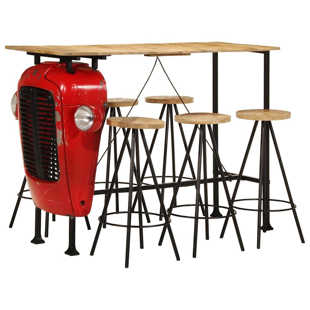 7-TLG. Bar-Set Massivholz Mango mit pulverbeschichtetem Stahlgestell, 120x55x107 cm, 6 Barhocker, industrielles Traktor-Design, platzsparend für Küche Esszimmer Wohnzimmer