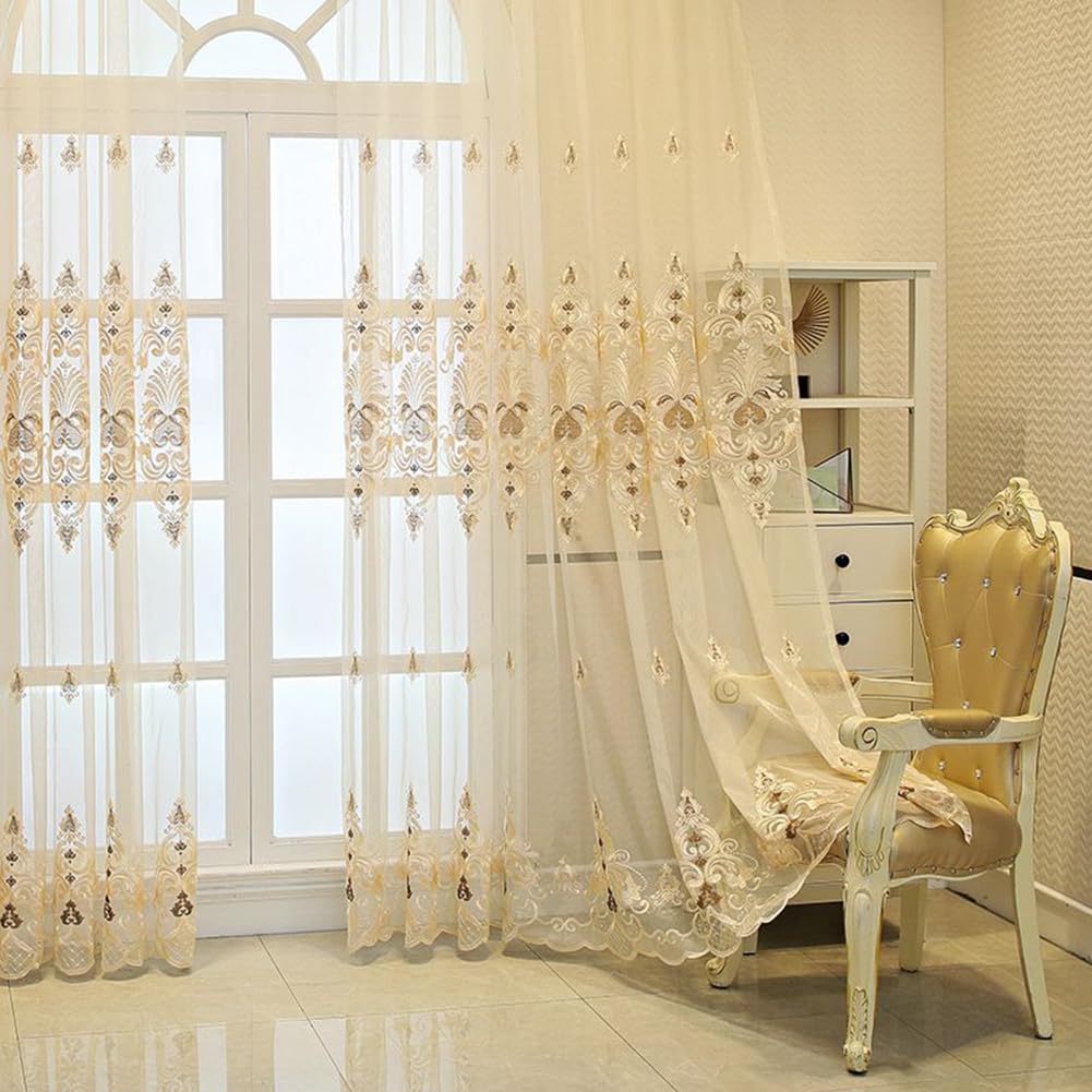 Beige Vorhang Wohnzimmer Schlafzimmer Transparent Ösen 3D Barock Vintage | Luxus Ösenvorhang Gardinen Halbtransparent Ösenschal Dekoschal Gardinenschal 2er-Pack 140x245
