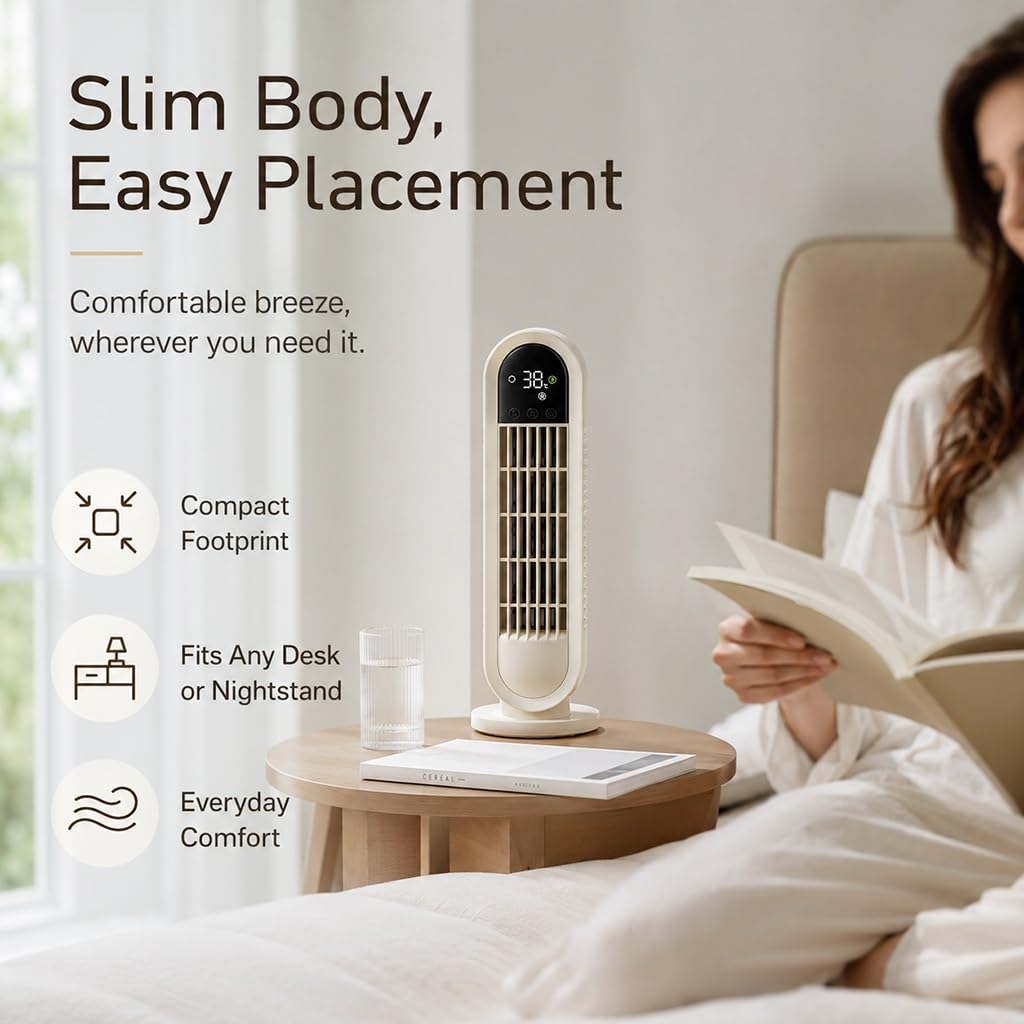 Ventilatore Senza Pale Con Display LED, Oscillazione A 60° E 3 Velocità | Ricaricabile,Ventilatore A Torre Per Scrivania, Camera Da Letto E Ufficio, Soluzione Di Raffreddamento Compatta