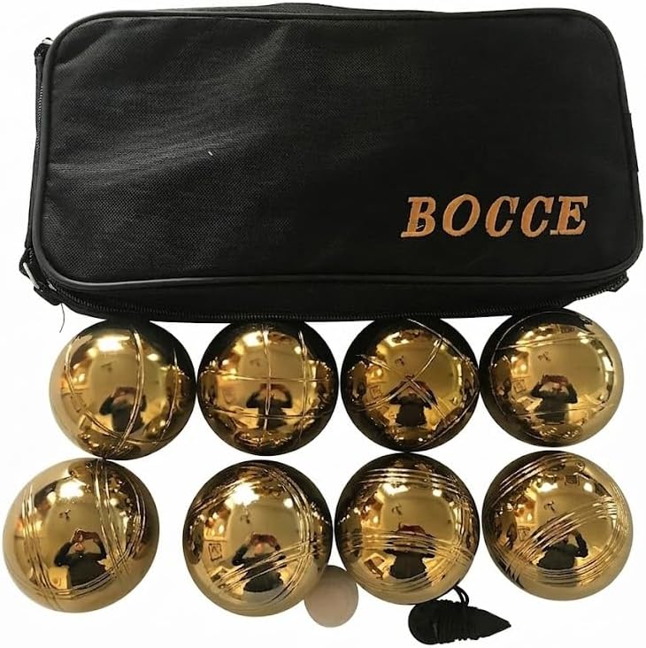 BuyBocceBalls Listing - 73mm Metal Bocce/Petanque Set with 8 Gold Balls and Black Bag