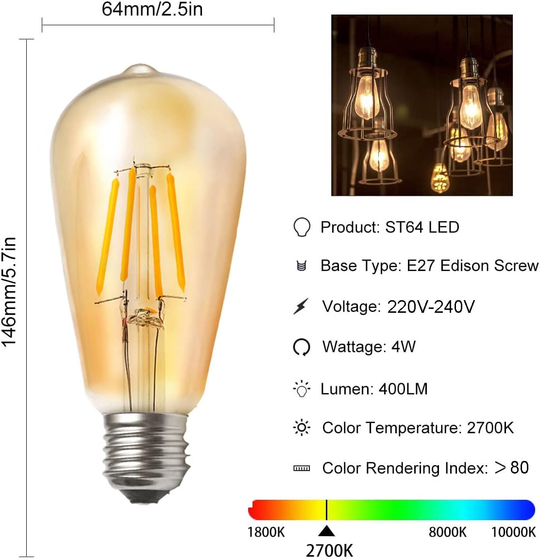 ST64 E27 Screw Vintage LED Edison Bulb,4W (40W Equivalent) Filament Light Bulb, 2700K Warm Retro Light, 6-Pack Gold Tint - Image 3