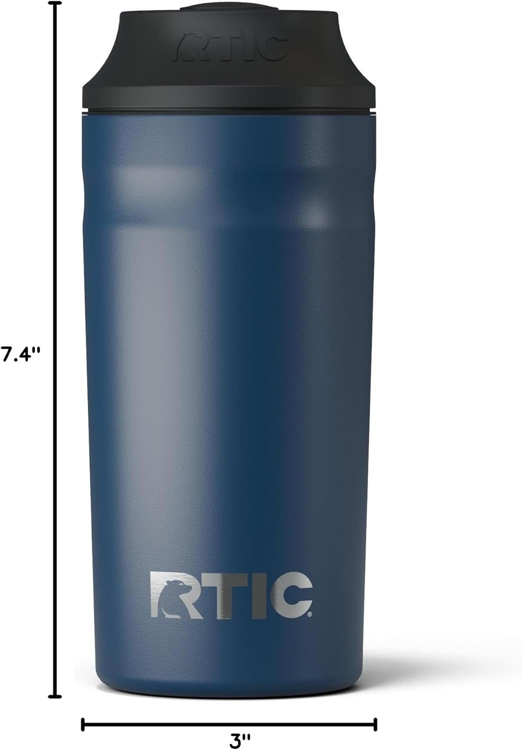 RTIC Can Chiller with Slider Lid, Fits Various Sizes Including 12oz, 16oz, & Slim Cans, Double Wall Vacuum Insulated, Stainless Steel, Sweat Proof, Navy