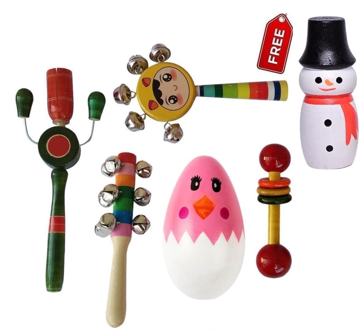CHANNAPATNA TOYS Wooden Rattles Toys & Chicken Egg Shaker for Baby, New Born Baby Toys, Infants, Kids - Set of 5 pcs - Non Toxic Multi Color - Develops Sensory Skills (B0BPMT5FZP) Amazon Price History, Amazon Price Tracker