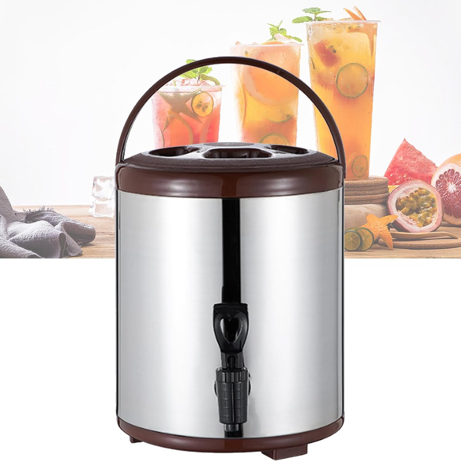 Stainless Steel Catering Urn 8L - Insulated Milk Tea Bucket with Cover & Spigot, Ideal for Hot Beverages, Durable Beverage Dispenser, Perfect for Events & Parties,Brown,8L