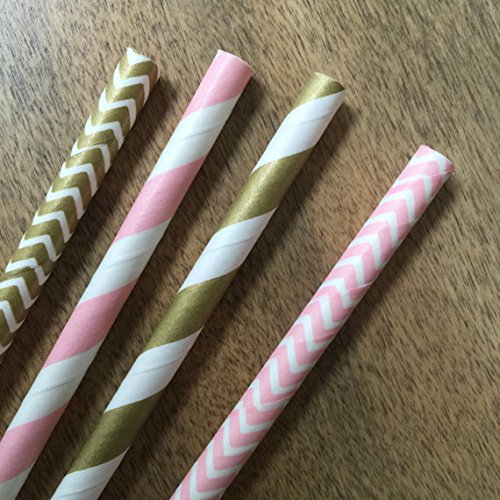 Gold and Pink Stripe and Chevron Paper Straws 7.75 Inches 100 Pack Gold, Pink, White