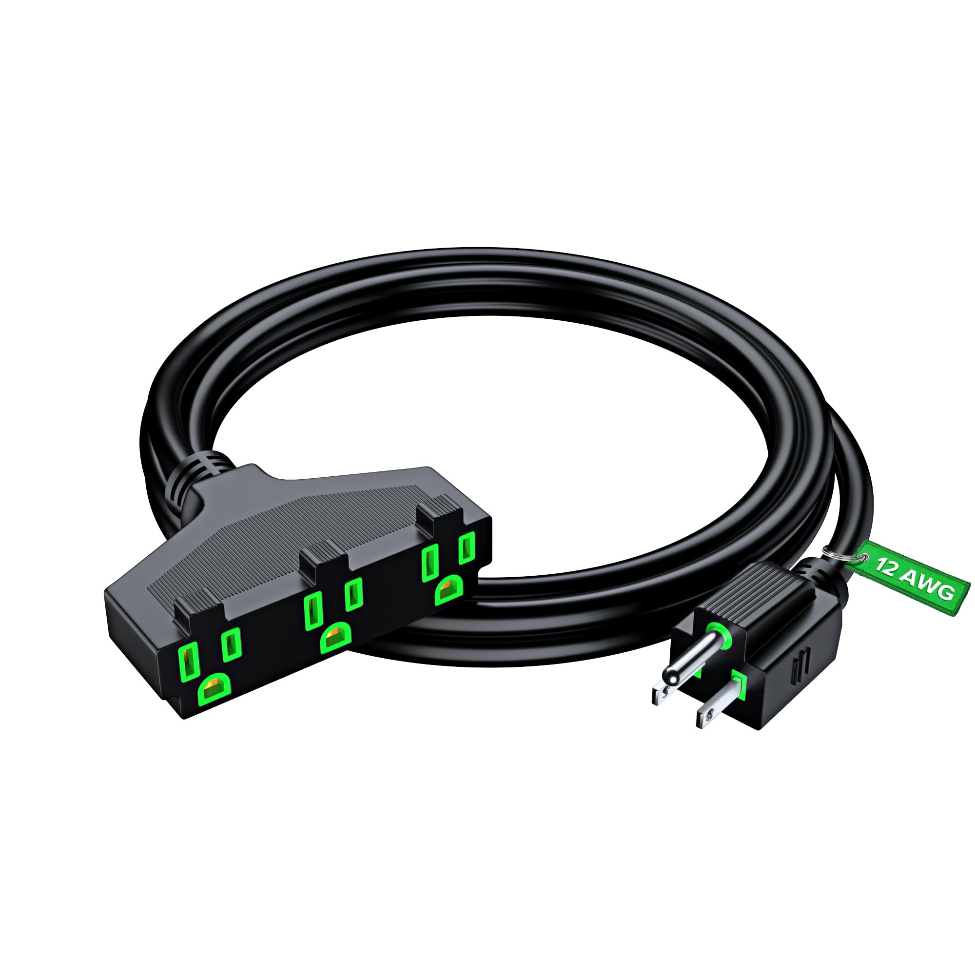 Maximm 12/3 Extension Cord 6 Feet, 12AWG, Black ETL Listed, 3 Prong Plug 3-Outlet SJTW Heavy Duty Indoor, Weather Resistant - Power Cord for Garden, Lawn, Appliances, 6ft