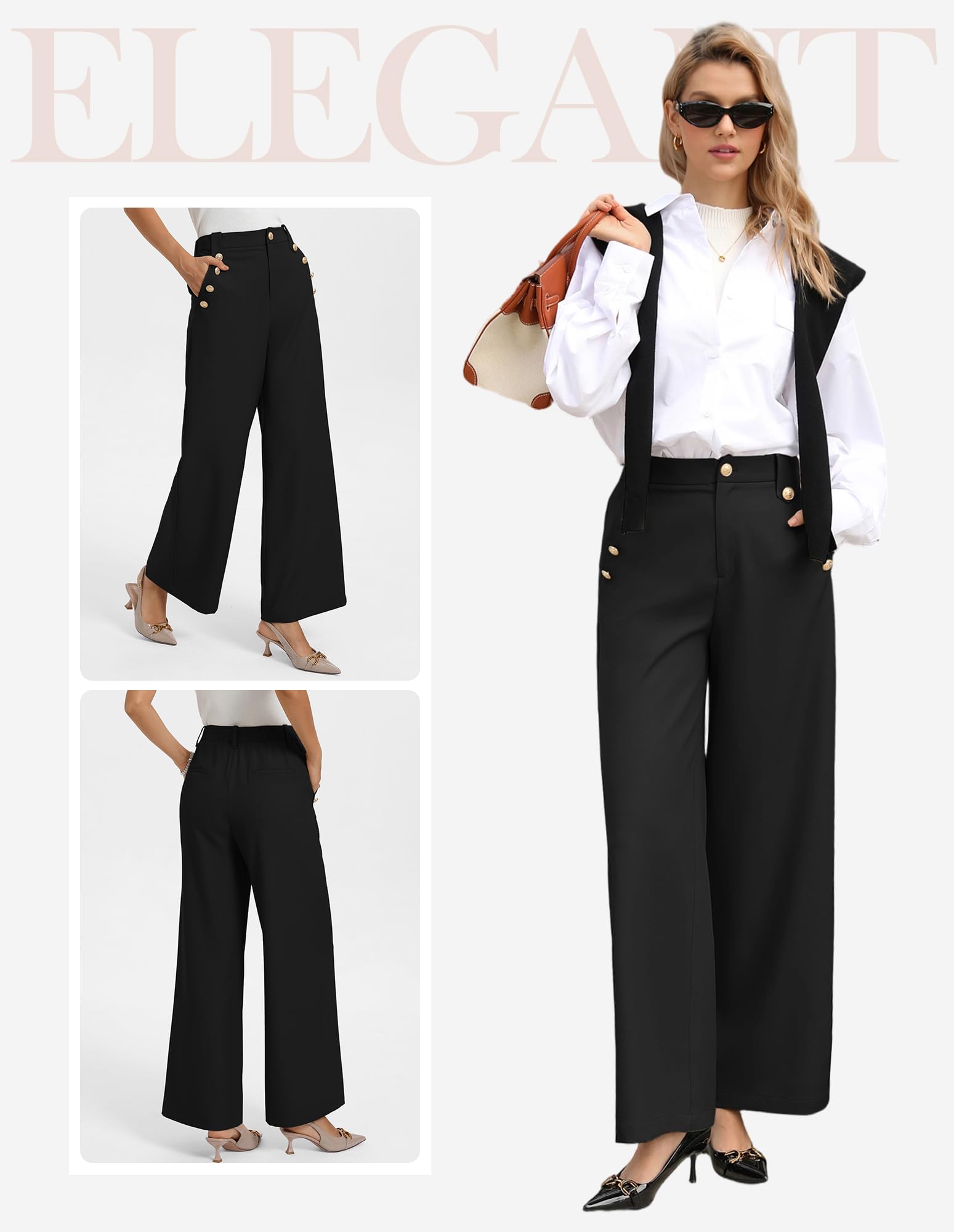 GRACE KARIN Pantalon Large pour Femme Pantalon de Travail stretchboutons décoratifstaille Haute avec Poches | Taille haute, poches, boutons décoratifs, décontracté, travail, bureau, réunions, trajets, fête, formel