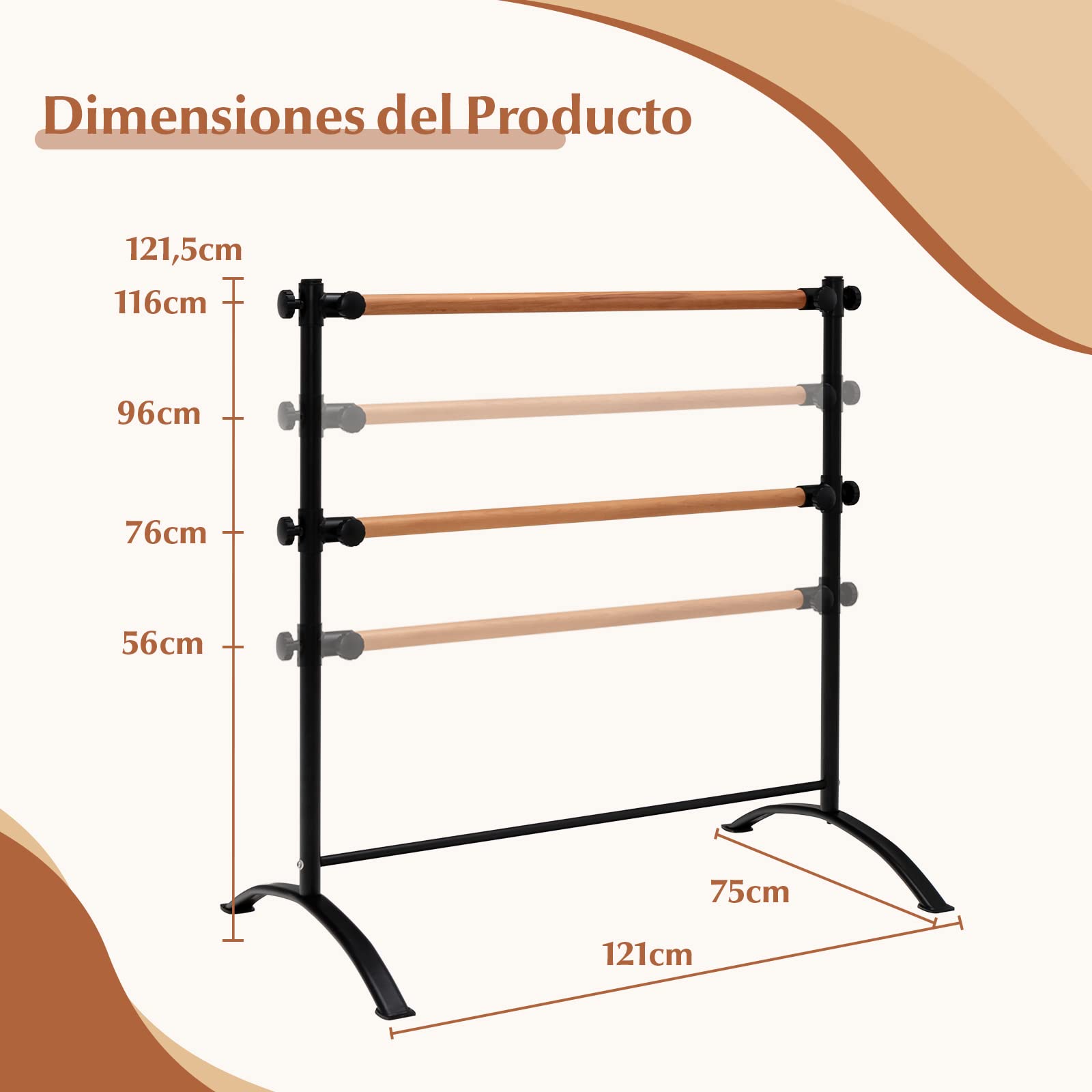 COSTWAY 120 cm Barra de Ballet Portátil, Barra Doble Independiente, Altura Ajustable 56/76/96/116 cm, Baile, Entrenamiento, Barra de Fitness, Gimnasio Casa, Adultos y Niños