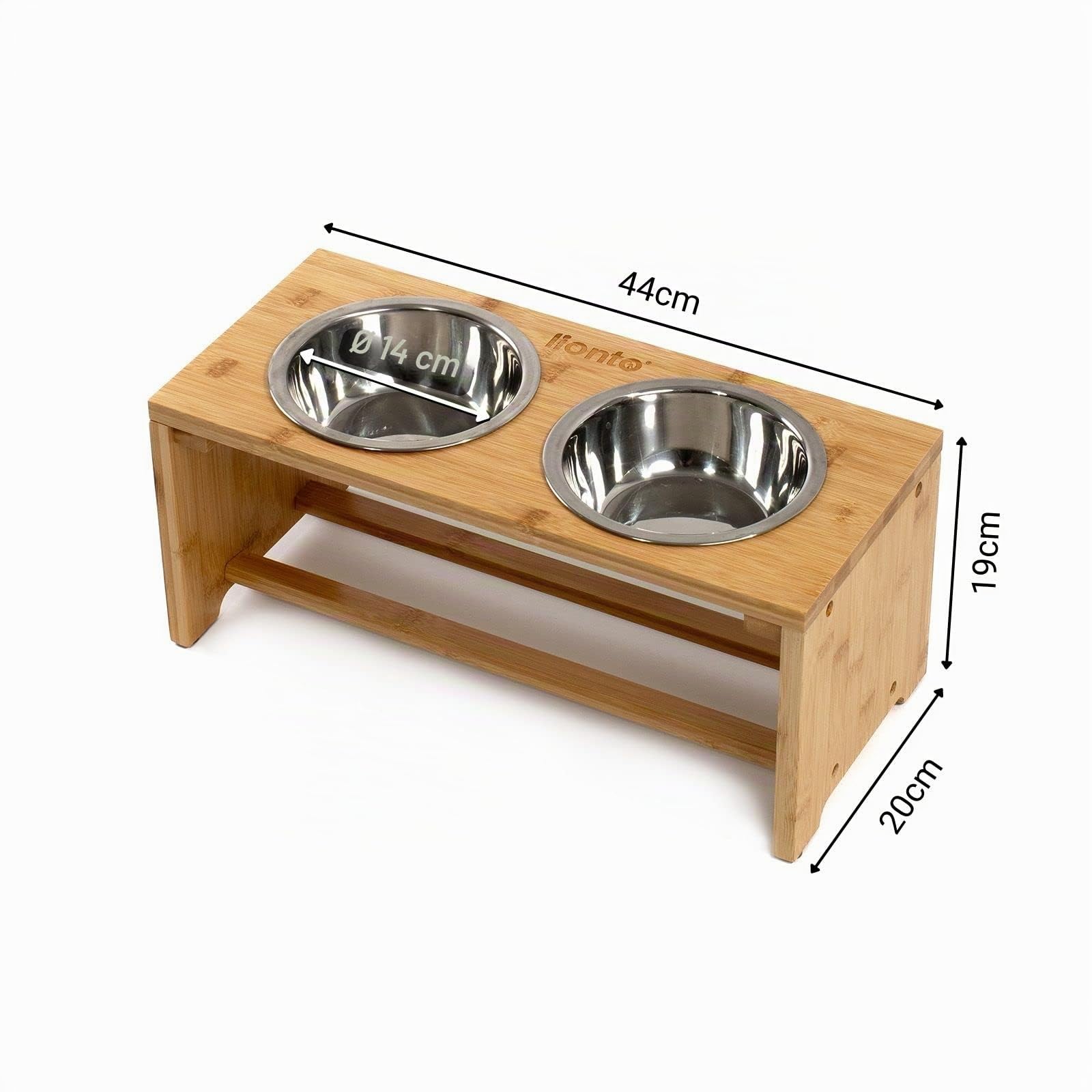 lionto Comedero para Perros Elevado comedero para Perros Barra de Comida de bambú para Mascotas 2 Cuencos de Acero Inoxidable Antideslizante, (M) 44x20x19 cm