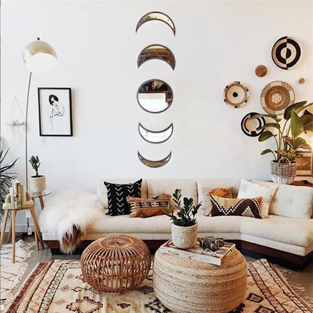 5 Stuks Maanfase Spiegel Set, Acryl Muur Decoratieve Spiegel Houten Frame Maanfase Spiegel Home Decor Muur Hangende Spiegel voor Thuis Woonkamer Slaapkamer Decor (Geassorteerde kleur 5 Stuks Maanfase Spiegel Set, Acryl Muur Decoratieve Spiegel Houten Frame Maanfase Spiegel Home Decor Muur Hangende Spiegel voor Thuis Woonkamer Slaapkamer Decor (Geassorteerde kleur