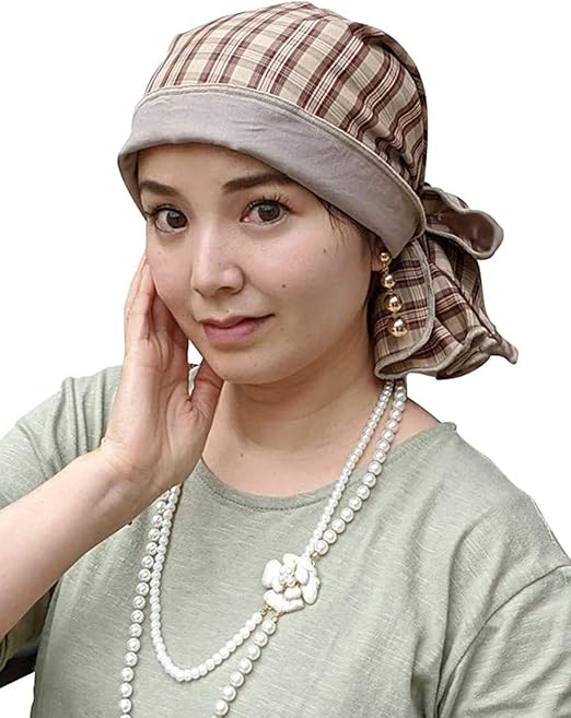 Amazon 医療用帽子 ケア帽子 おしゃれ バンダナタイプ チェック柄 癌 脱毛 就寝用 外出用 ケア帽子 お洒落 室内 かわいい レディース 抗がん剤 治療 コットン 綿100 スコッチチェック ベージュ ニット 通販