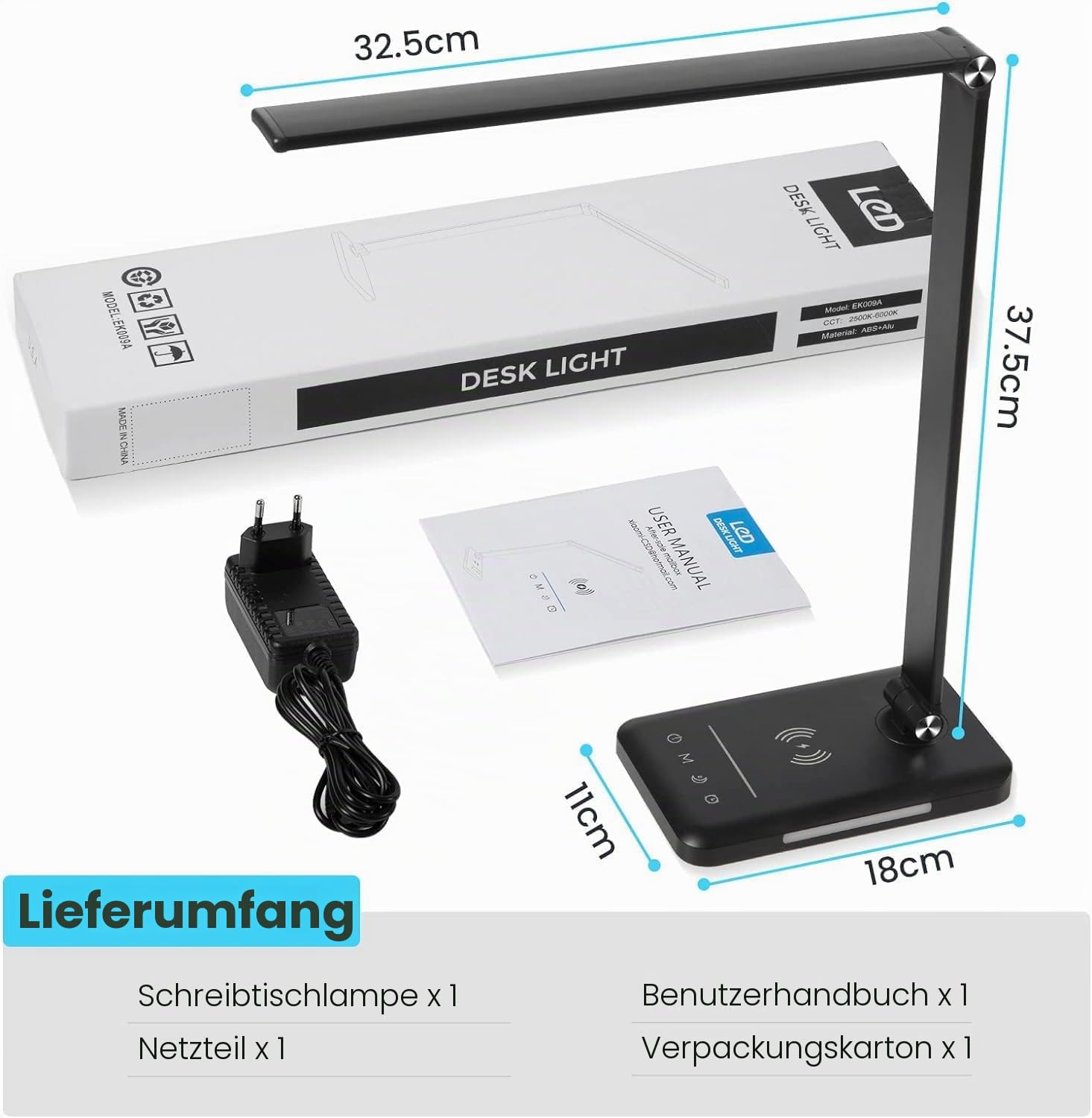 BIENSER Schreibtischlampe LED mit 10W Wireless Charging, USB Ladefunktion, 600LM Bürolampe Tischlampe mit 10 Helligkeits X 5 Farbstufen Dimmbar, Nachtlicht, Memory-Funktion, Auto Timer, 6000K, 24W