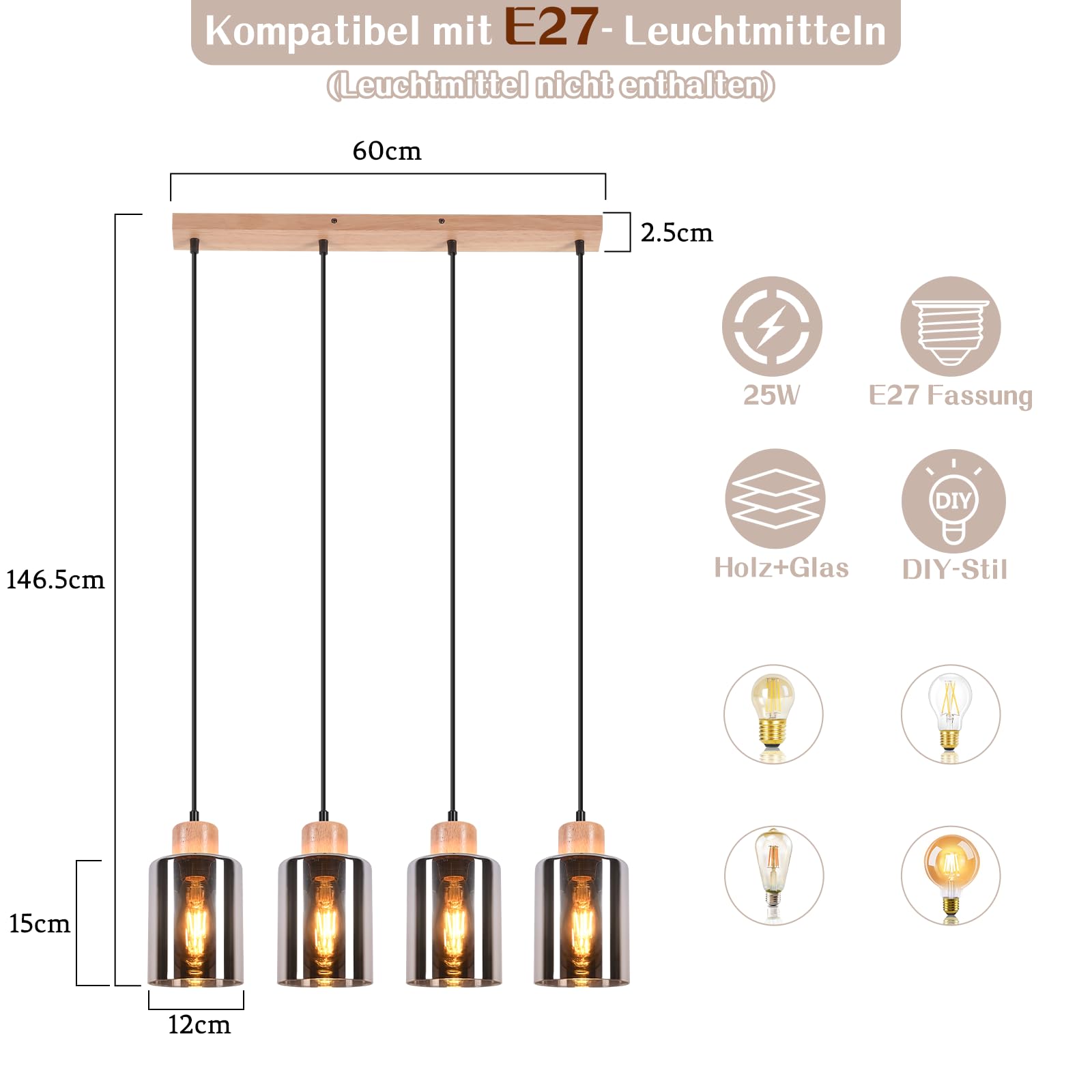 Pendelleuchte esstisch Hängelampe E27: Esstischlampe hängend Holz | Esszimmerlampe 4 flammig retro Vintage Hängeleuchte Rauchglas Pendellampe für Esszimmer Küche - Ohne Leuhctmittel