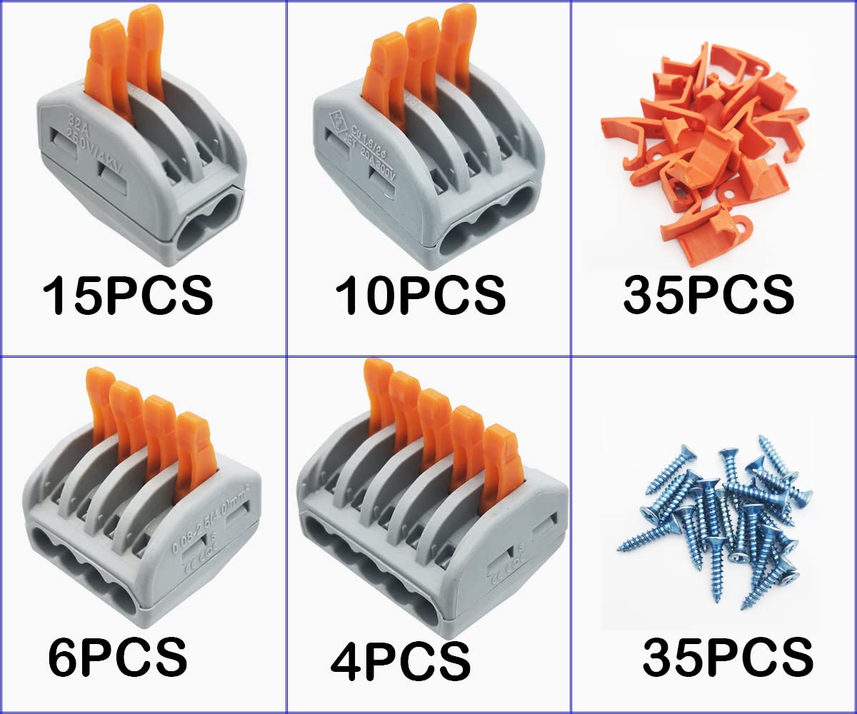 Conectores Electricos, CESFONJER 35 Pcs Bloque Terminales, Conectores de Cable Compacto con Palanca de Empuje con Resorte (15 pcs 2 puertos/10 pcs 3 puertos/6 pcs 4 puertos/4 pcs 5 puertos)