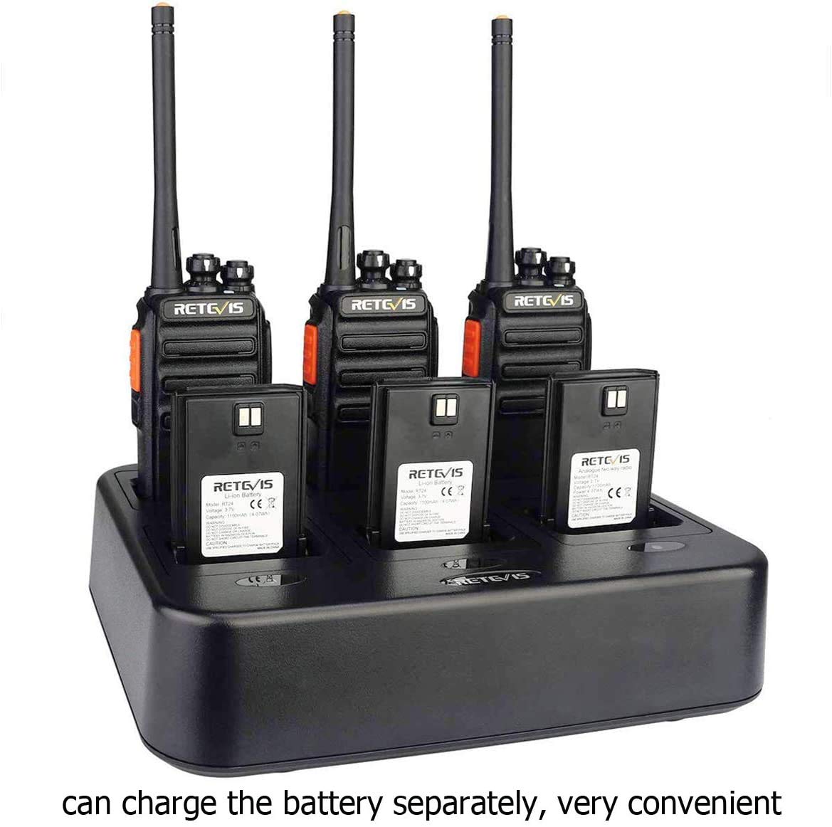 Retevis RT24 Walkie Talkie con Cargador de 6 Vías, Walkies Profesionales PMR446 sin Licencia, 16 Canales CTCSS/DCS, Walkie Talkie Recargable (6 Piezas, Negro)