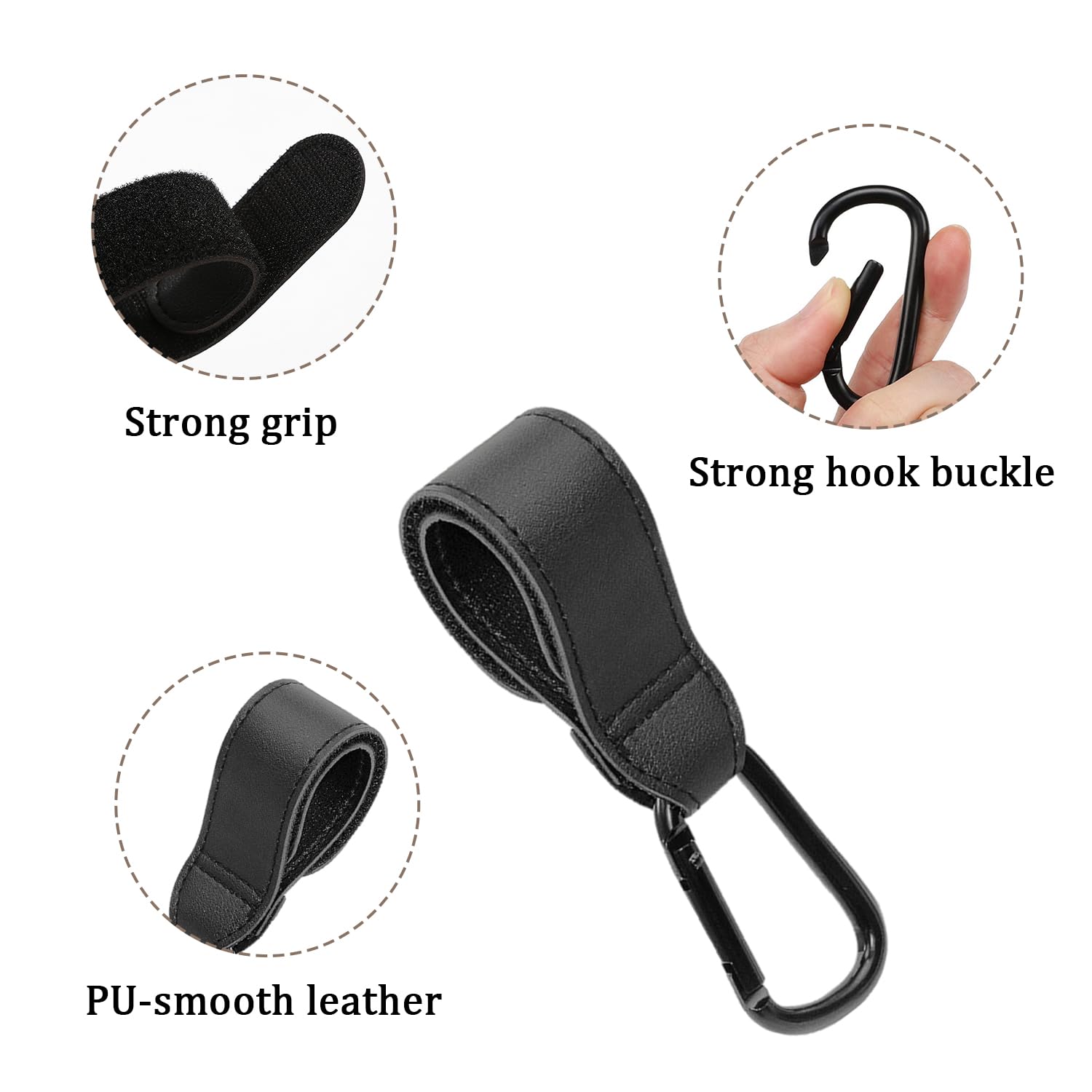 SYEYCW 3 Pcs Black Buggy Clips, Universal Pram Clips for Buggy Leather Pram Hooks for Bags Adjustable Stroller Hooks - Image 3