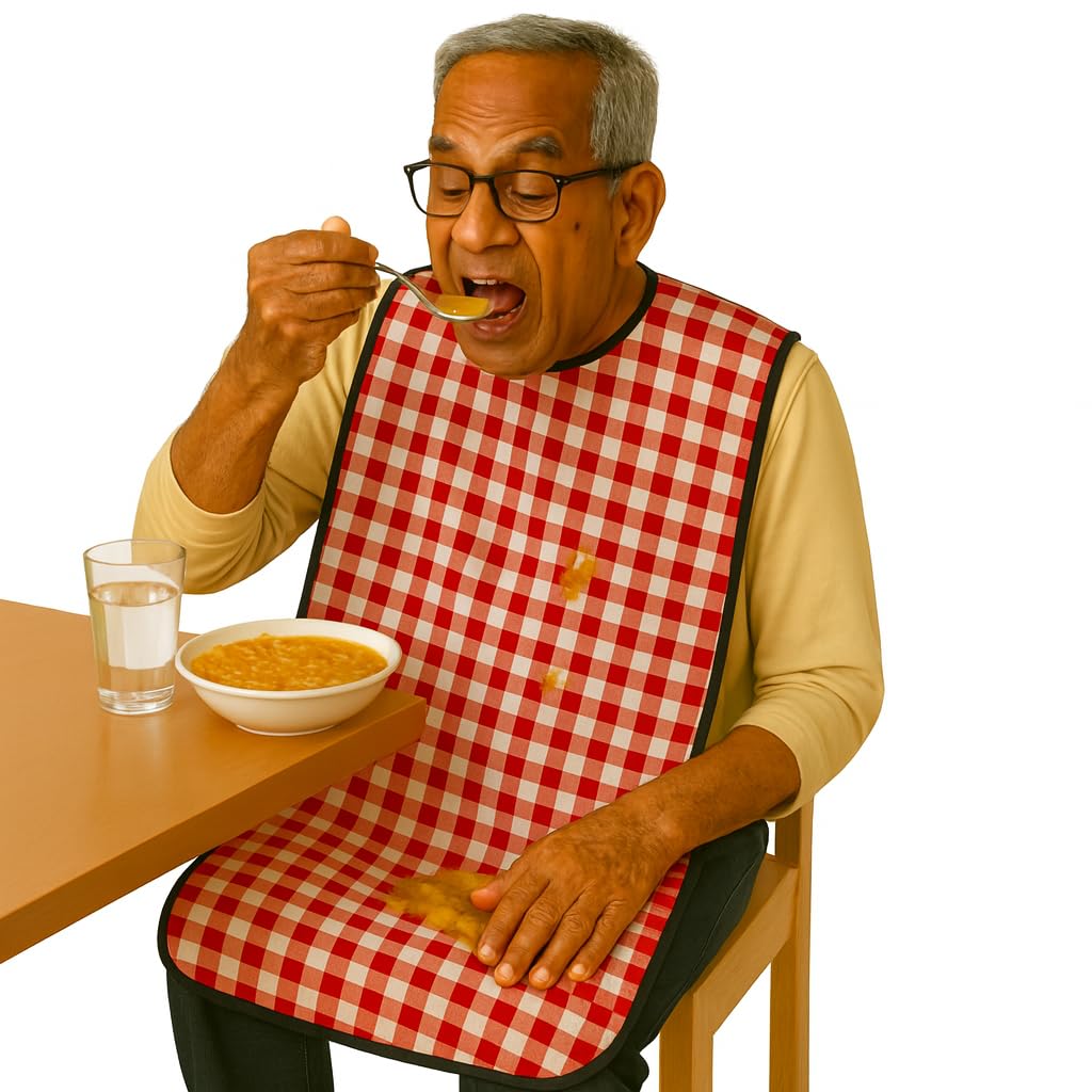 MAKSTILE Adult Bib| Extra-Long Adult Dining Bib for Elderly–2-Layer Absorbent Cotton & Waterproof Backing, Washable Reusable Clothing Protector for Senior Citizens, Disabled & Bedridden - Red - Image 2 thumbnail
