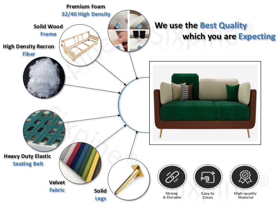 Image of Sixpine Luxury Dual Color Upholstery Sofa in Premium Velvet | Solid Wood Structure | Sturdy Golden Legs | High Density Foam | Extra Comfort for Modern Living Room (Green & Beige, 3 Seater)