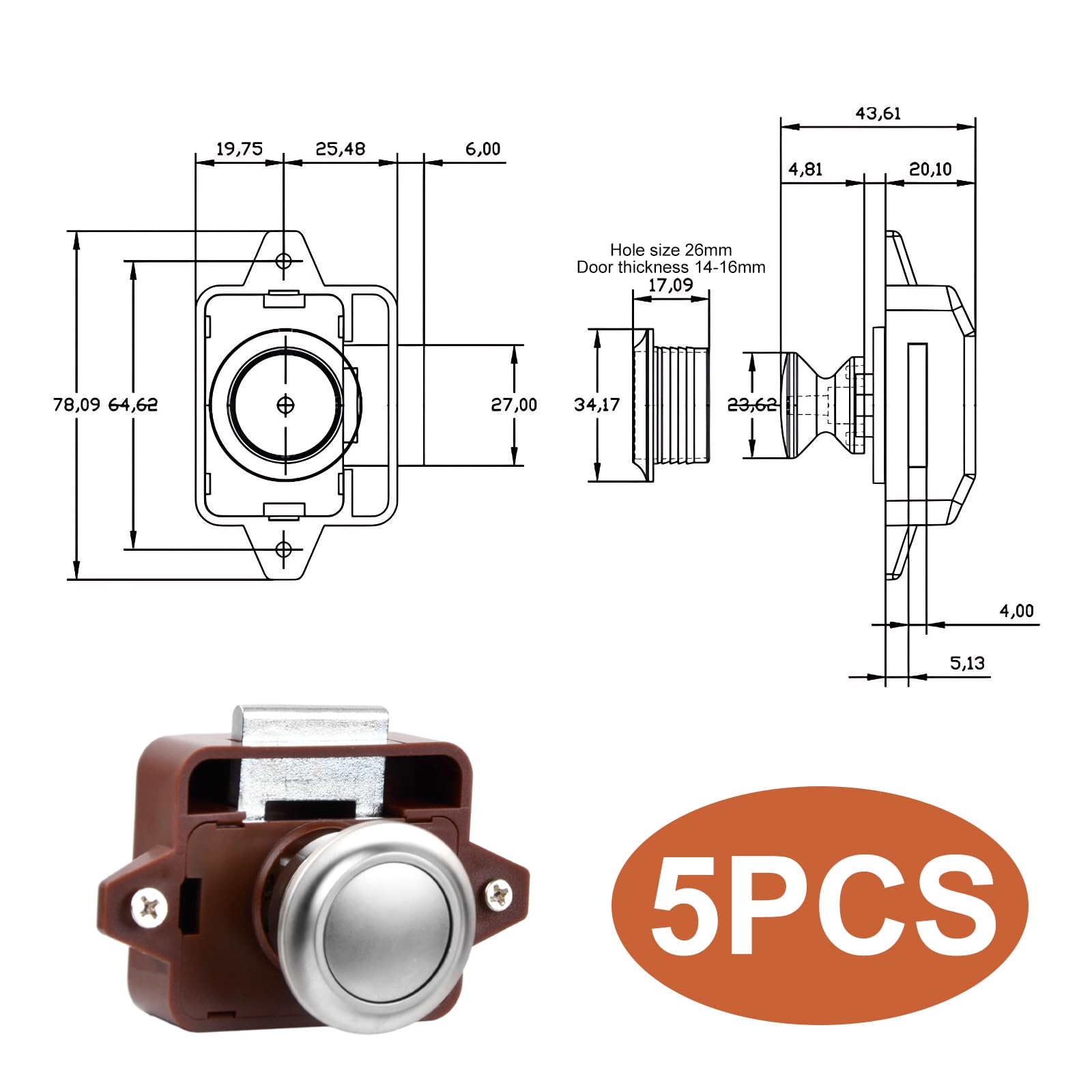 Jinlaili 5 sztuk zatrzaskowy przycisk do łapania drzwi, zamek do szafy, zamek meblowy z przyciskiem blokującym, na Cupboard Door Catch Lock, do kamperów, jachtów, szuflad