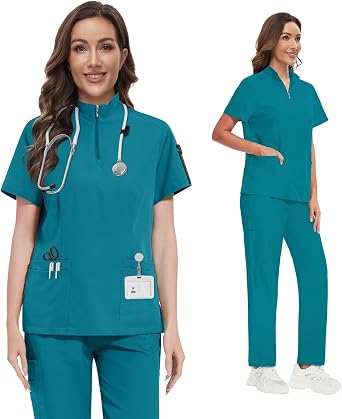 VIAOLI Scrubs for Women Set Quarter-Zip Top & Slim Straight Scrub Pants, Stretchy Medical Uniform, 9 colors