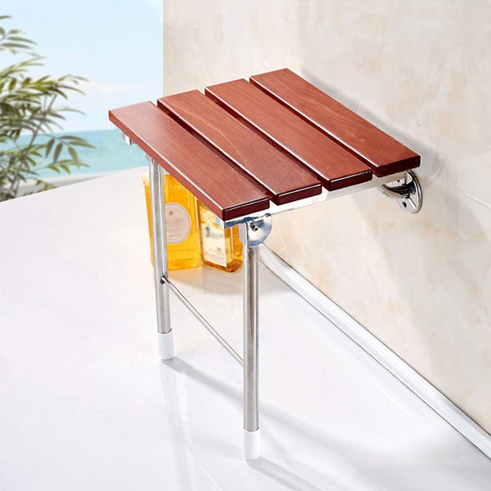 Natural Silla de Ducha de Madera Maciza Montada en La Pared,Asiento de Ducha Plegable con Patas de Acero Inoxidable,para Ancianos y Discapacitados(Cargable 160kg)