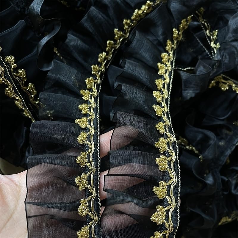 Lace Trim，Pleated Chiffon Lace Edge Trim ，Gold Thread Ribbon Stitched Pleated Organza Lace DIY Children's Clothing Dress Cheongsam Clothes Corsage Skirt Decoration, 1 yard, Black
