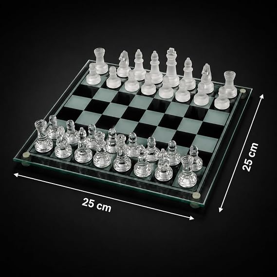 Coverzone Glass Chess Cam Satranç Takımı, Şeffaf ve Buzlu Cam Taşlı, 25x25cm