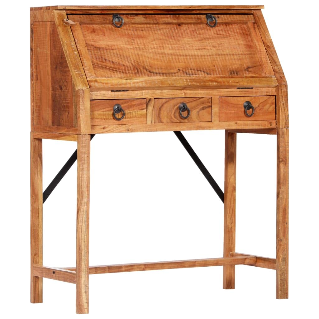 Scrivania in legno massiccio di acacia, 90 x 40 x 107 cm, con cassetti, piano di scrittura pieghevole, libreria, segretario per casa, ufficio, studio, soggiorno, camera degli ospiti