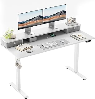 Klicelor Höhenverstellbarer Schreibtisch mit Doppelschubladen, Elektrisch Höhenverstellbarer Schreibtisch, Sitz-Steh-Computertisch, Ergonomischer Stehschreibtisch, 100 x 60 cm, Weiß
