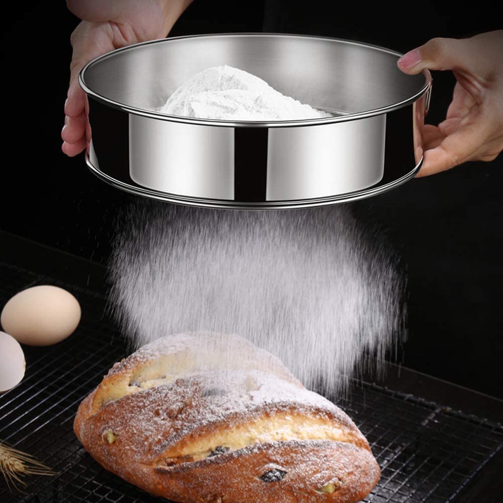 Tamiz de harina Redondo de Acero Inoxidable, tamices de Malla Fina Pulida Colador Filtro de Malla en Polvo Tamiz casero con Cepillo, raspador de Masa, Cuchara para Chefs, 30 cm,40 Mesh