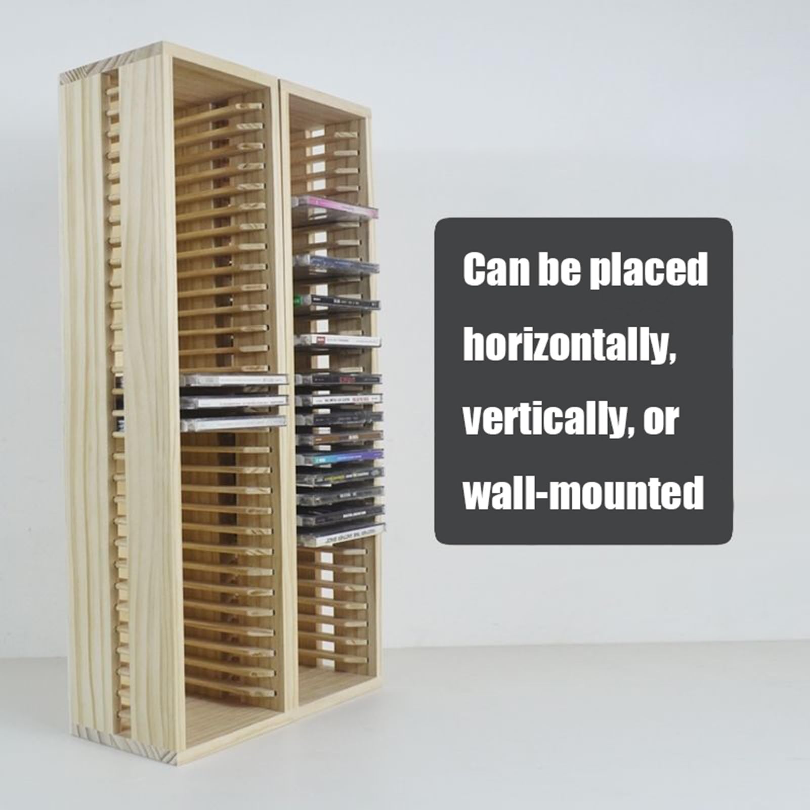 Soporte para CD de pino natural, caja de almacenamiento para 31 estuches estándar de joyas, soporte de escritorio para DVD, películas y discos de juego, estante elegante