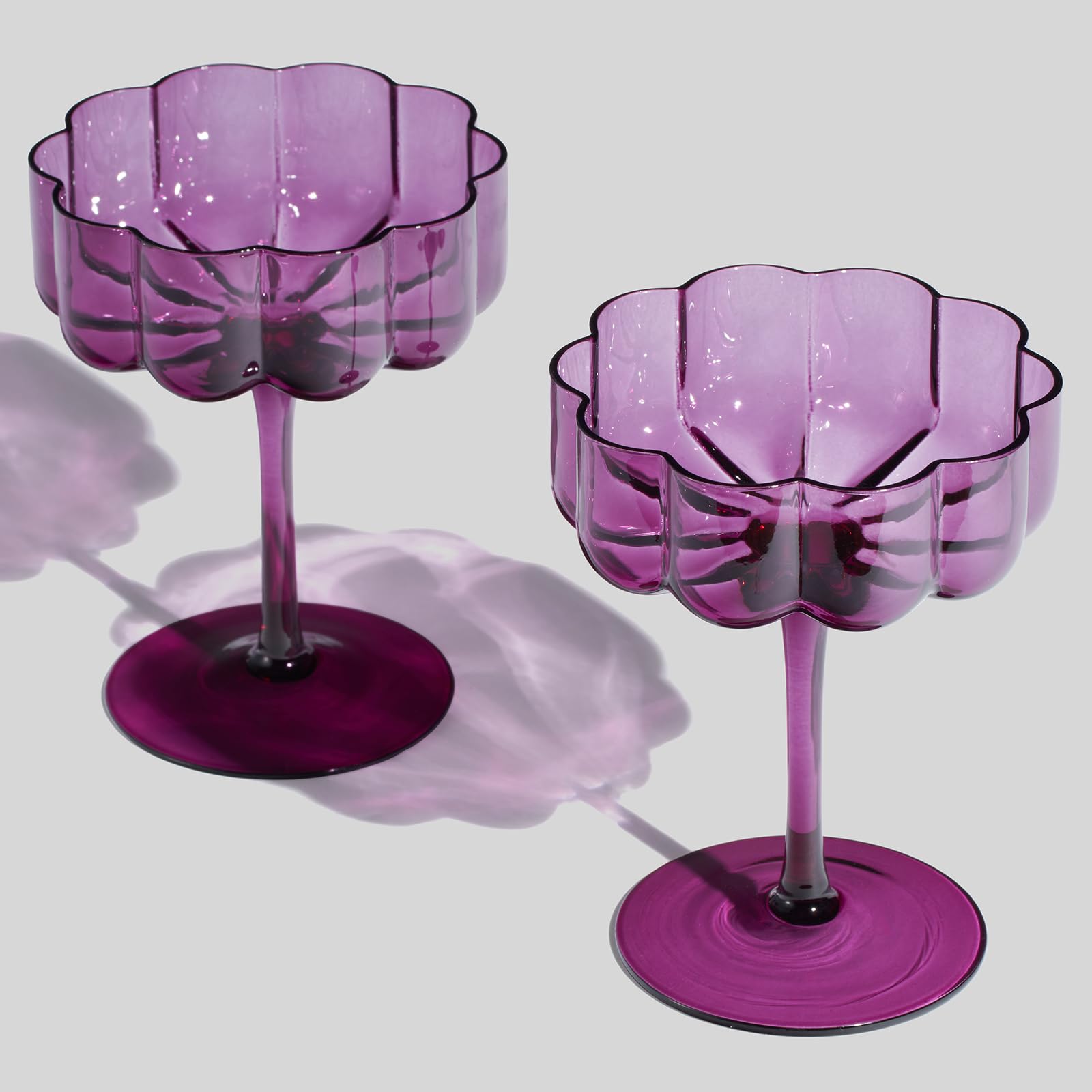 Khen Flower Vintage Wavy Glass Coupes Martini, Champagne & Cocktail Coupes - Set of 2-7oz Colorful Cocktail Glasses & Champagne, Prosecco, Mimosa Glassware Copyright Design - Amethyst Purple