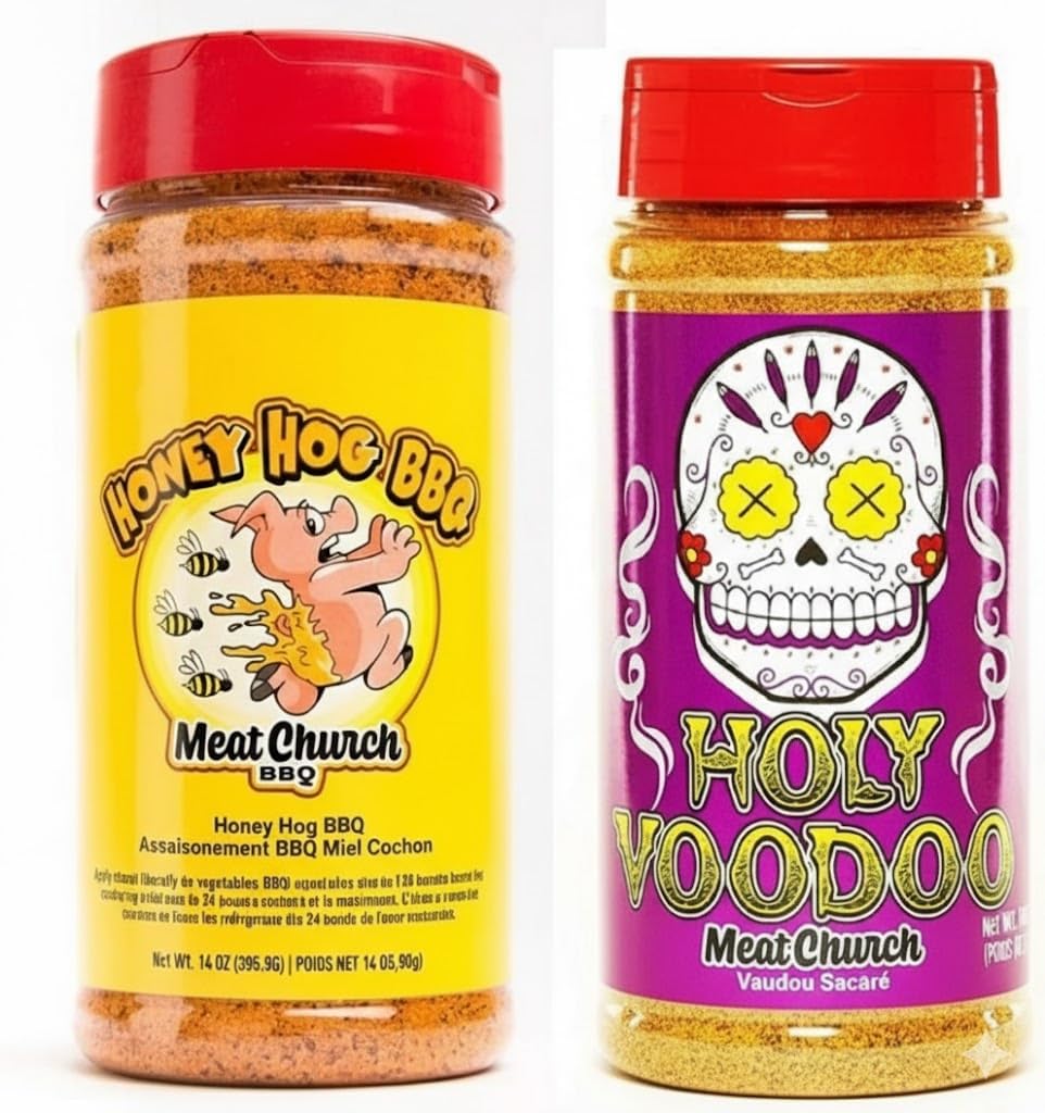 Meat Church BBQ Rub Combo: Honey Hog (12.5 oz) and Holy VooDoo (13 oz) BBQ Rub and Seasoning for Meat and Vegetables, Gluten Free, One Bottle of Each