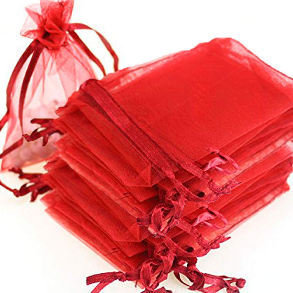 Time To Sparkle Red 50 Pack Organza Gift Bags Wedding Party Favour Jewellery Packing Pouches, 13X18cm