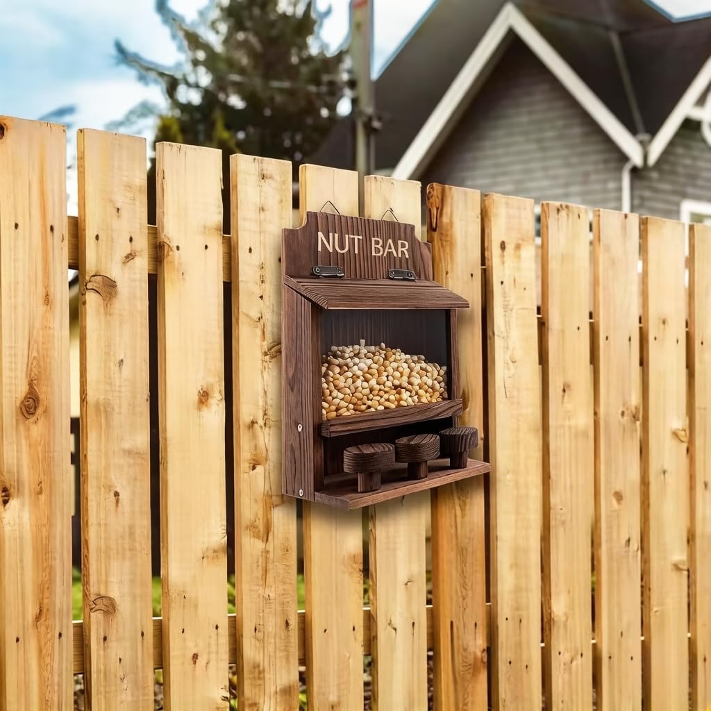 Squirrel Picnic Table Feeder, Handcrafted Solid Wood Outdoor Hanging or Mounted Squirrel Feeder for Yard, Garden, Patio - Cute Wildlife Watching & Backyard Gift