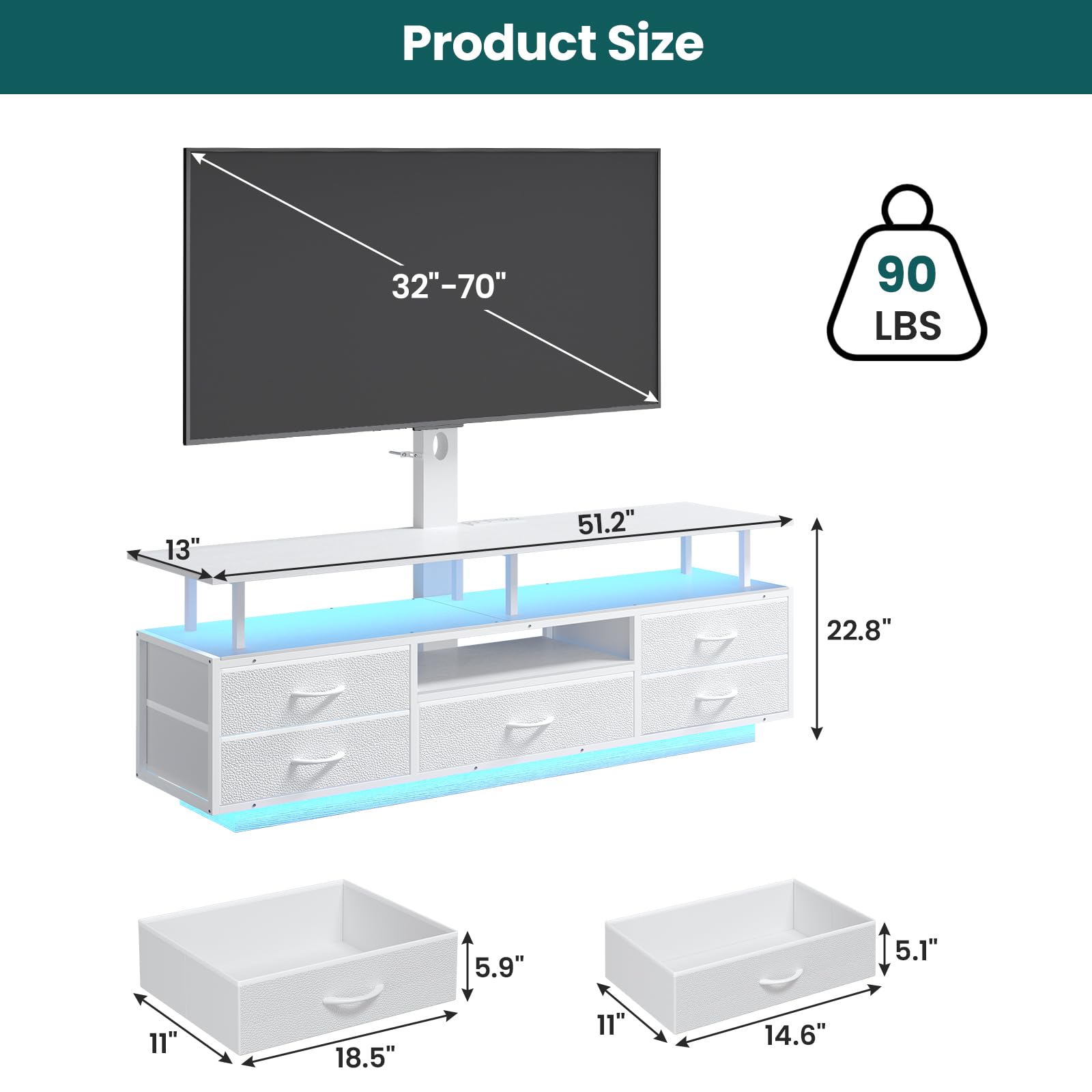 BTHFST TV Stand with Mount for 45/55/65/70 inch TVs, 51.2" LED TV Stand with Power Outlets & Storage, Entertainment Center with Storage, Wihte