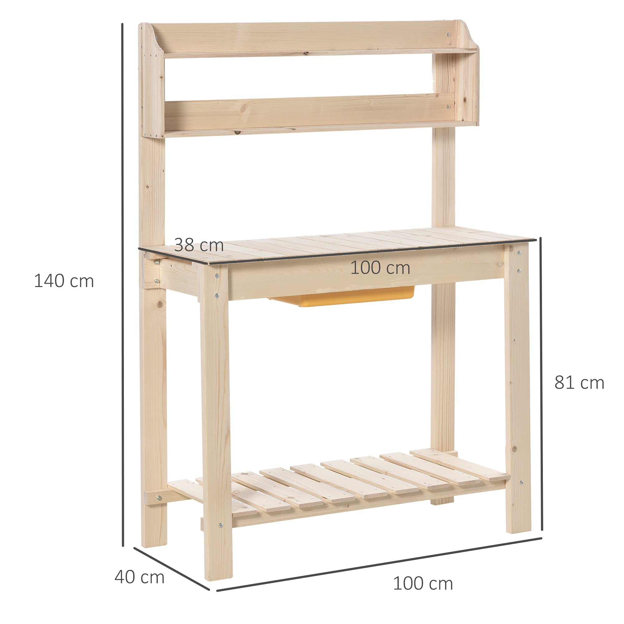 Outsunny Mesa de Plantación de Madera Mesa para Macetas Mesa de Trabajo con Tablero Deslizante 3 Estantes Ganchos Jardín Patio Garaje 100x40x140 cm Natural