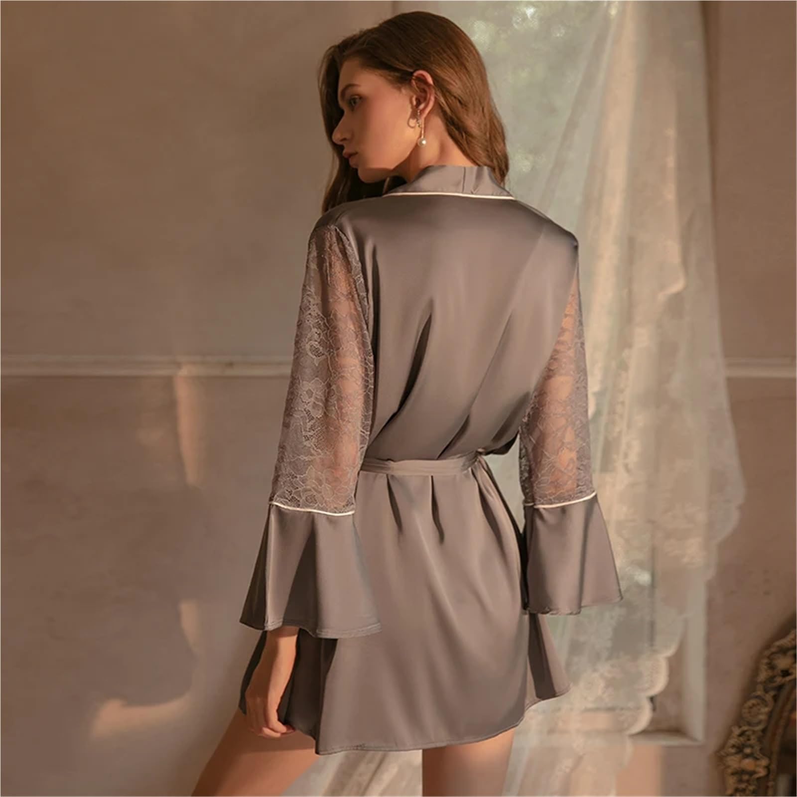 Conjunto de lencería Sexy con Encaje y Tirantes, Camisones de Novia, Kimono de satén, Bata de baño for Mujer, Pijama for Estar en casa